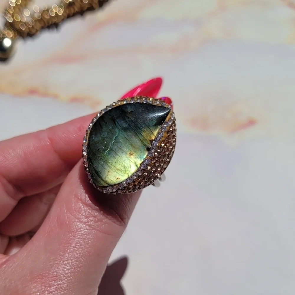 Natural Labradorite & Pave set Hematite Large Silver Ring